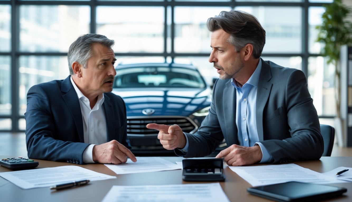 A worried person discussing documents with a financial advisor in an office, with a car visible through the window behind them.