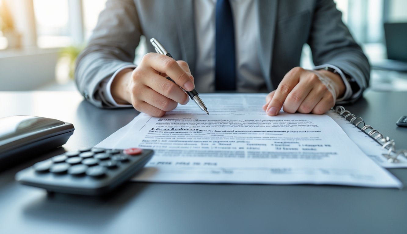 A person reviewing car lease documents with a pen, car keys, and calculator on a desk, looking concerned.