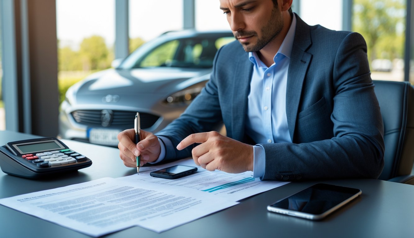 A person reviewing car lease documents with a pen at a desk, with a calculator, smartphone, and car keys nearby, and a car visible through a window in the background.