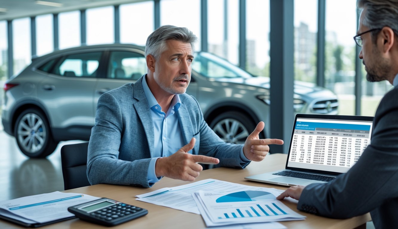 A concerned person talks with a financial advisor in an office, discussing documents about car lease fees, with a leased car visible through a window behind them.