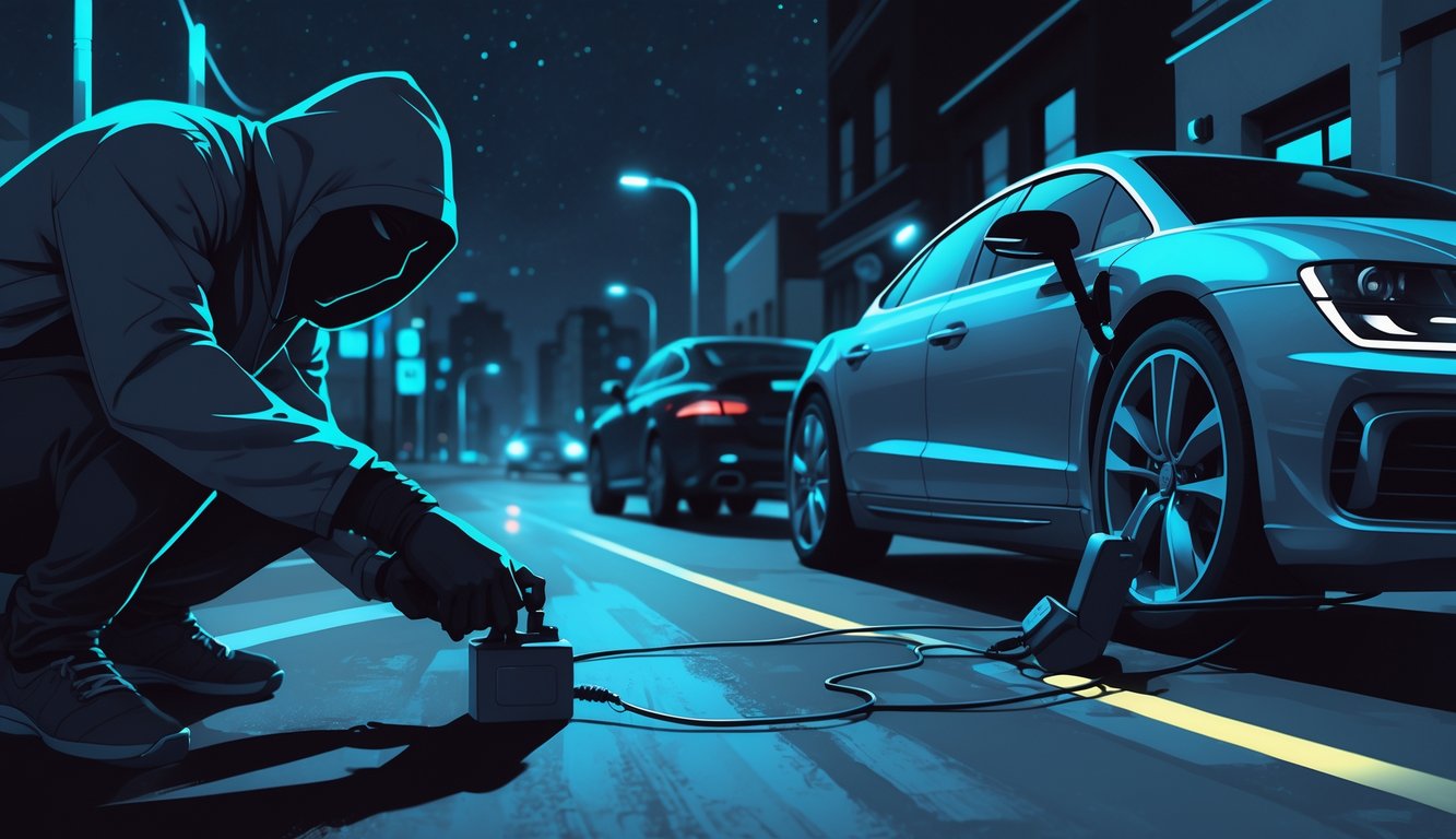 Two thieves using advanced tools to break into a parked car on a dimly lit urban street at night.