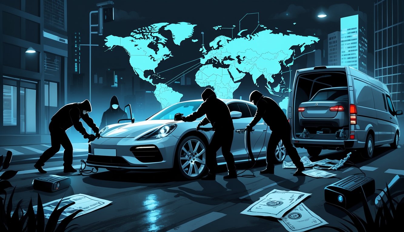 A nighttime scene showing thieves using electronic devices to steal cars and load them into a van, with a world map in the background indicating international crime connections.