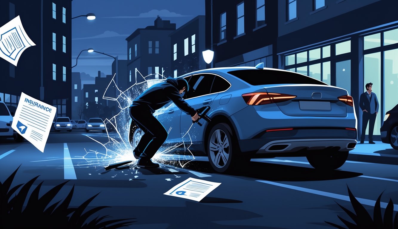 A thief breaking into a car at dusk while the car owner watches nearby, with broken insurance symbols in the background symbolizing inadequate protection.