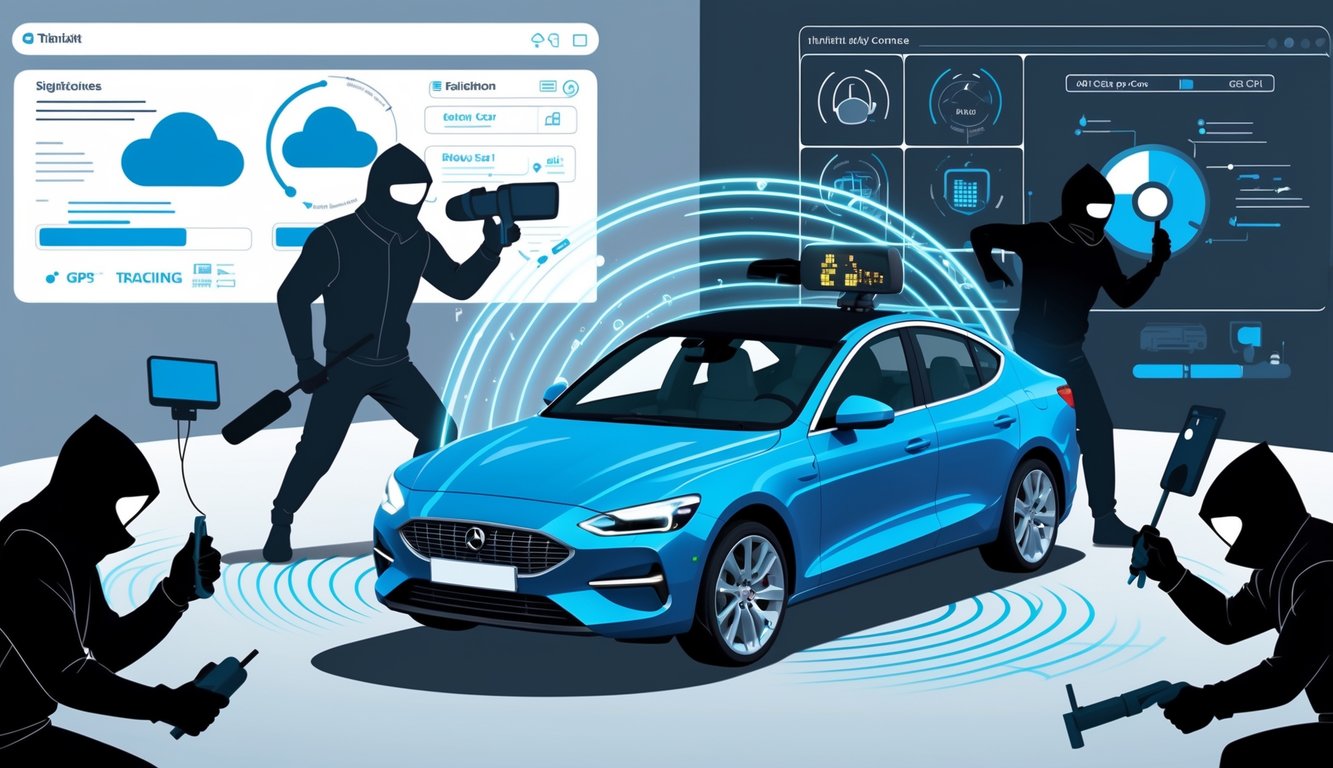 A car with a GPS device emitting signals, surrounded by thieves using various methods like signal jammers and hacking, with a background showing both security monitoring and vulnerabilities.